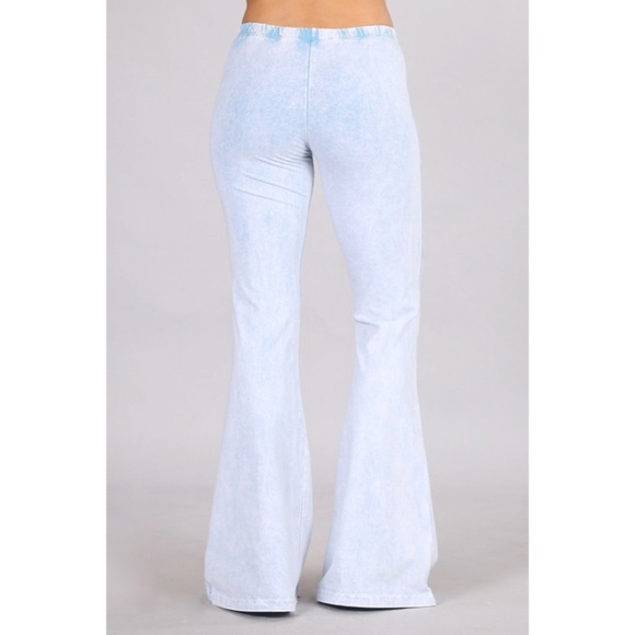 Light Powder Blue Boho Mineral Wash Stretch Flared Bell Bottom Casual Pants - Picture 3 of 6